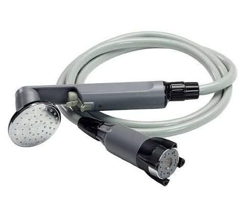 Grey camp shower hose set with chrome spray head, on-handle flow switch and filter inlet end